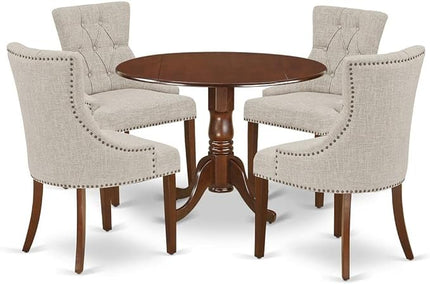 East West Furniture Dublin 5 Piece Dinette Set for 4 Includes a Round Room Table with Dropleaf and 4 Doeskin Linen Fabric Parson Dining Chairs, 42x42 Inch, DLFR5-MAH-05 - LeafyLoom