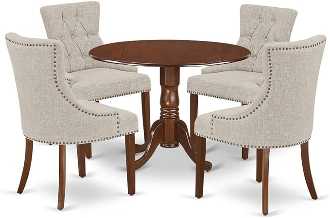 East West Furniture Dublin 5 Piece Dinette Set for 4 Includes a Round Room Table with Dropleaf and 4 Doeskin Linen Fabric Parson Dining Chairs, 42x42 Inch, DLFR5-MAH-05 - LeafyLoom