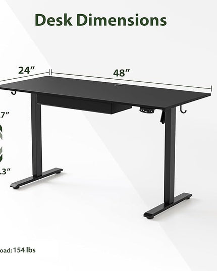 Adjustable Height Electric Standing Desk with Storage Wooden Drawer, 48 x 24 Inches Stand Up Home Office Computer Gaming Table with Splice Board for Work Office Home, Black - LeafyLoom