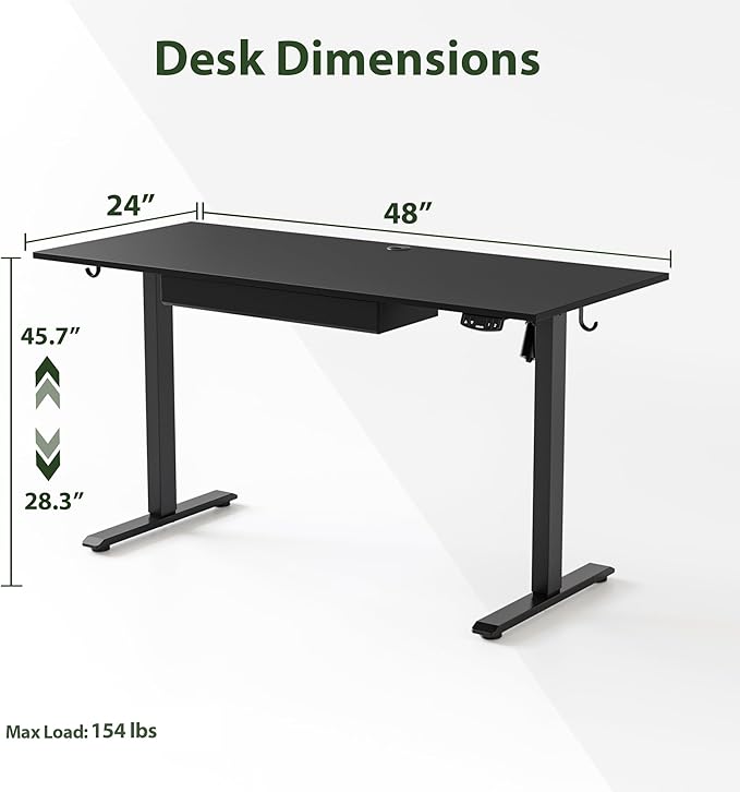 Adjustable Height Electric Standing Desk with Storage Wooden Drawer, 48 x 24 Inches Stand Up Home Office Computer Gaming Table with Splice Board for Work Office Home, Black - LeafyLoom