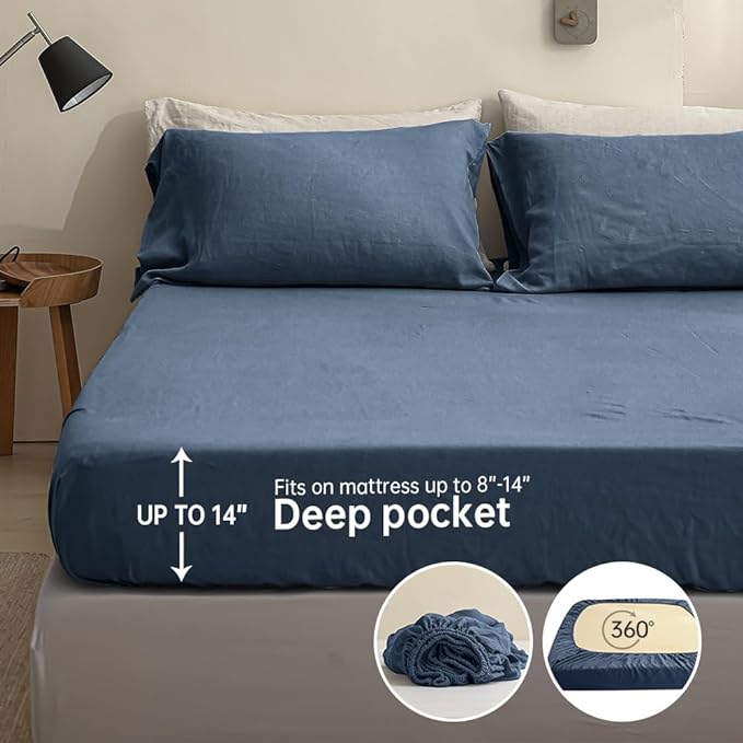 Simple&Opulence 100% Linen Sheet Set Solid Color-3 Pcs Washed French Linen Bed Sheets-Breathable Bedding Set-1 Flat Sheet,1 Fitted Sheet,1 Pillowcase (Twin,Blue) - LeafyLoom