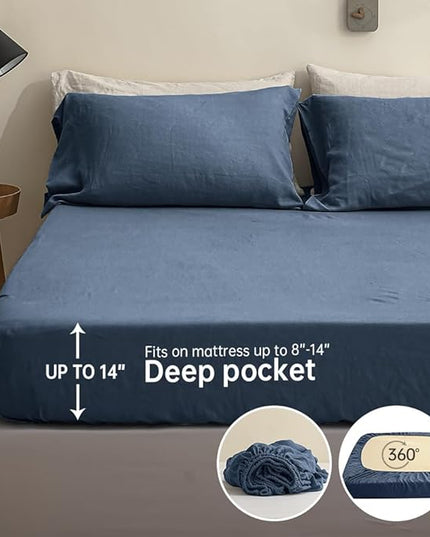 Simple&Opulence 100% Linen Sheet Set Solid Color-4 Pcs Washed French Linen Bed Sheets-Breathable Bedding Set-1 Flat Sheet,1 Fitted Sheet,2 Pillowcases (Full,Blue) - LeafyLoom