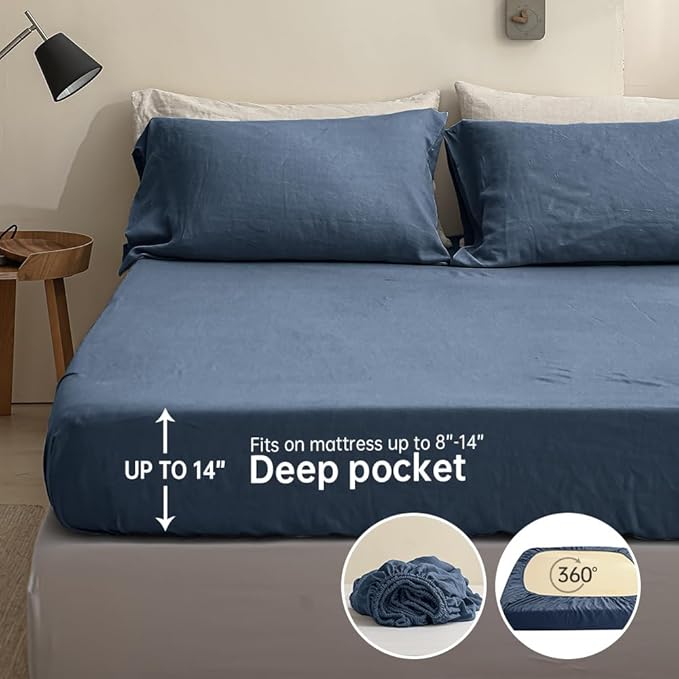 Simple&Opulence 100% Linen Sheet Set Solid Color-4 Pcs Washed French Linen Bed Sheets-Breathable Bedding Set-1 Flat Sheet,1 Fitted Sheet,2 Pillowcases (Full,Blue) - LeafyLoom