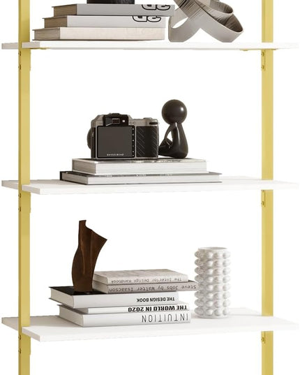 Panana Industrial 5 Tier Ladder Shelf, Open Space Book Shelf Wall Mount Bookshelf with Metal Frame Sturdy Bookcase for Living Room (White, 5 Tier) - LeafyLoom