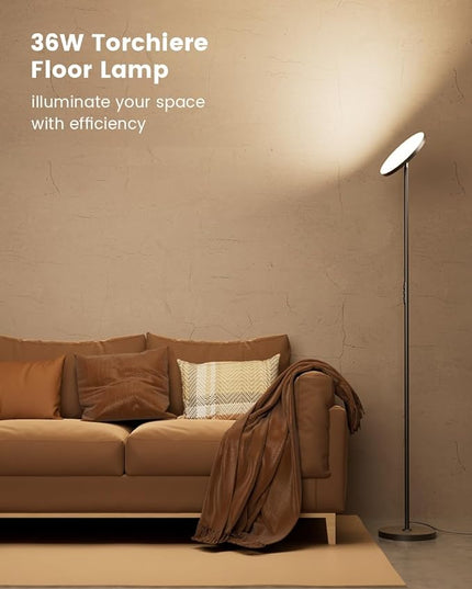 36W Bright Torchiere Floor Lamps,3500LM Stepless Dimmable Tall Floor Lamp with Remote & Touch Control,Modern Standing Light for Bedroom,Office,Living Room - LeafyLoom