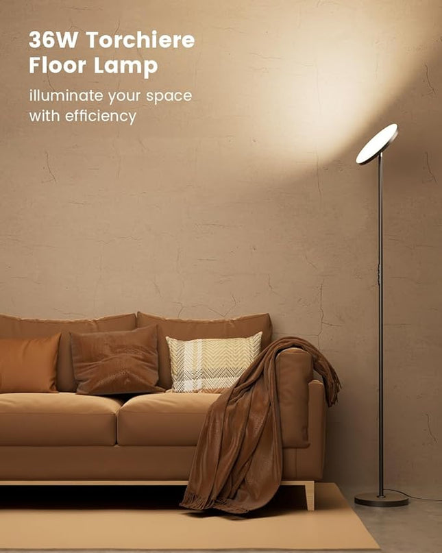 36W Bright Torchiere Floor Lamps,3500LM Stepless Dimmable Tall Floor Lamp with Remote & Touch Control,Modern Standing Light for Bedroom,Office,Living Room - LeafyLoom
