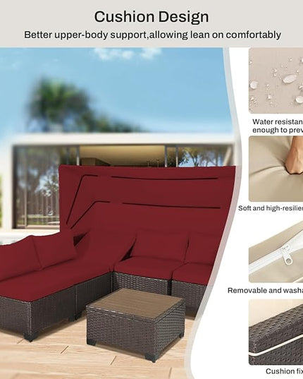 6 PCS Outdoor Patio Furniture Set,Sectional Sofa Set,Rattan Daybed with Retractable Canopy,Adjustable Backrest,Storage Coffee Table,Chaise Chair Sunbed for Porch Garden Poolside Backyard(Red) - LeafyLoom