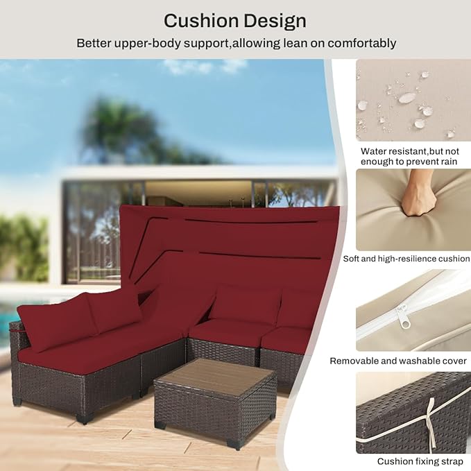6 PCS Outdoor Patio Furniture Set,Sectional Sofa Set,Rattan Daybed with Retractable Canopy,Adjustable Backrest,Storage Coffee Table,Chaise Chair Sunbed for Porch Garden Poolside Backyard(Red) - LeafyLoom