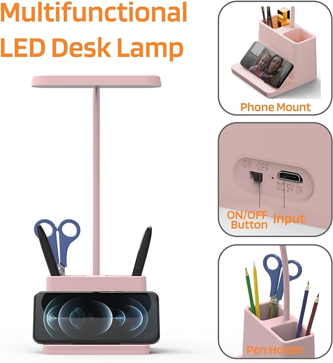 AXX Cute Desk Lamp, Pink Desk Light for Kids, Women, Teen Girls, LED Table Lamp for Bedroom Reading - Small, Rechargeable, Battery Operated, Adjustable - Office Accessories/College Essentials - LeafyLoom