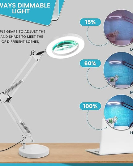 Magnifying Glass with Light and Stand - 2-in-1 Stepless Dimmable LED Magnifying Desk Lamp with Clamp - 3 Color Modes Lighted Magnifier Lens Swivel Arm Light for Reading, Craft, Close Works - LeafyLoom