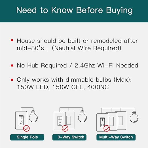 TREATLIFE 3 Way Smart Dimmer Switch, Smart Switch Compatible with Alexa and Google Assistant, 2.4GHz WiFi Light Switch, Schedule, Neutral Wire Needed, No Hub Required, 1 Pack TREATLIFE