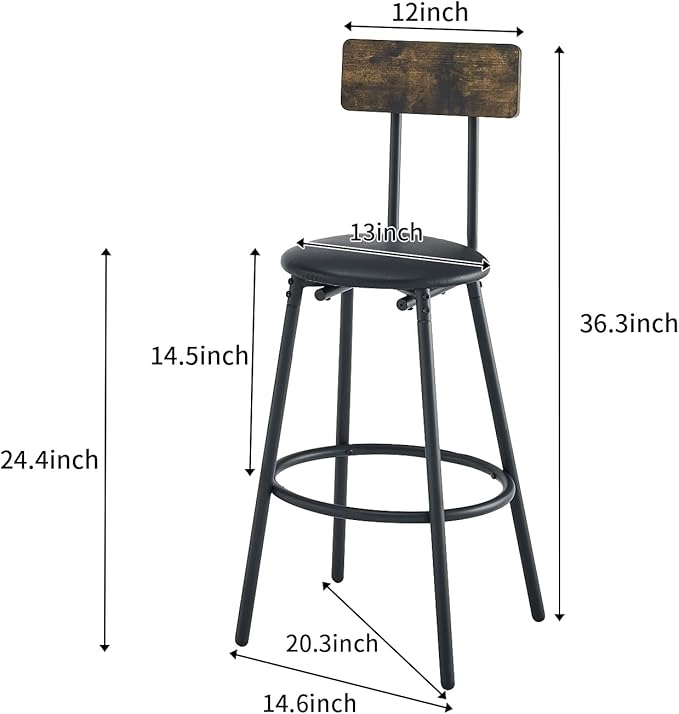 Bar Height Table and Chairs for 2, Compact Dining Table with 2 Tiers Storage Rack, Wine Rack and 2 PU Leather Upholstered Seat Stools, for Kitchen Breakfast, Small Space, Rustic Brown - LeafyLoom