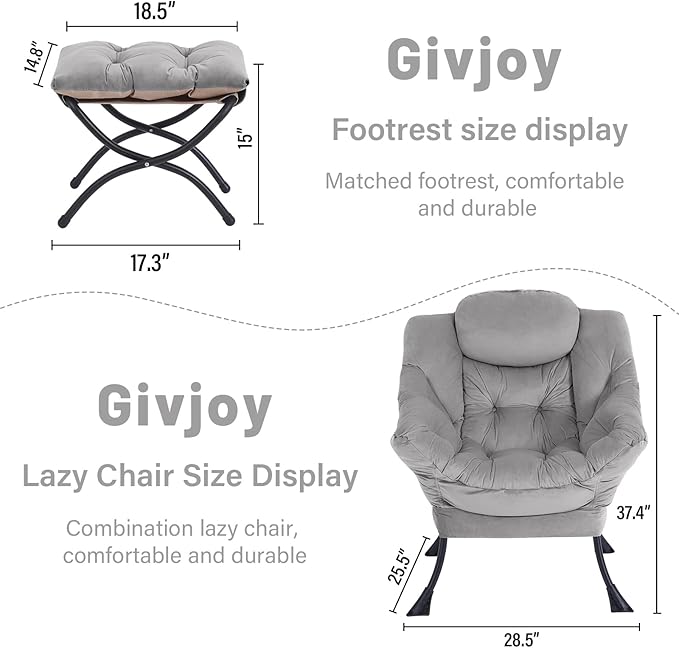 Cozy Lazy Chair and Ottoman, Large Contemporary Accent Lounge Chair Set, Leisure Upholstered Reading Armchair for Bedroom, Living Room, Dorm Rooms, Office - LeafyLoom