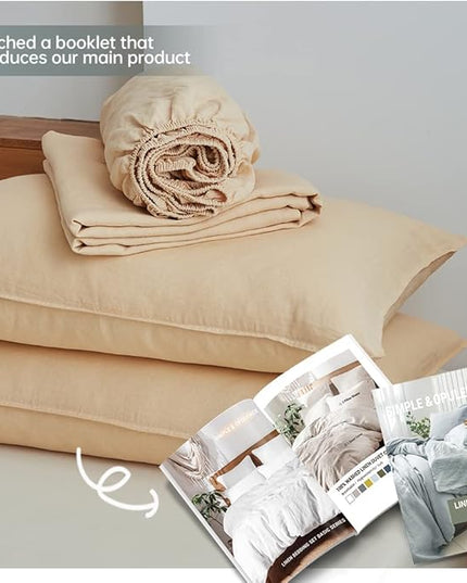 Simple&Opulence 100% Linen Sheet Set Solid Color-4 Pcs Washed French Linen Bed Sheets(1 Flat Sheet,1 Fitted Sheet,2 Pillowcases)-Breathable Bedding Set (Queen, Sand) - LeafyLoom