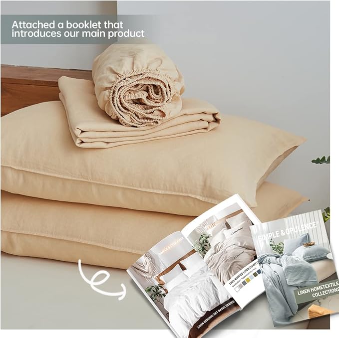 Simple&Opulence 100% Linen Sheet Set Solid Color-4 Pcs Washed French Linen Bed Sheets(1 Flat Sheet,1 Fitted Sheet,2 Pillowcases)-Breathable Bedding Set (Queen, Sand) - LeafyLoom