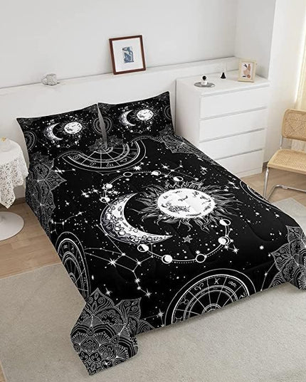 Sun and Moon Bedding Set Constellation Galaxy Comforter Set for Kids Boys Girls Teens Psychedelic Boho Mandala Comforter Breathable Celestial Duvet Set Black White Room Decor Quilt Cover King Size - LeafyLoom