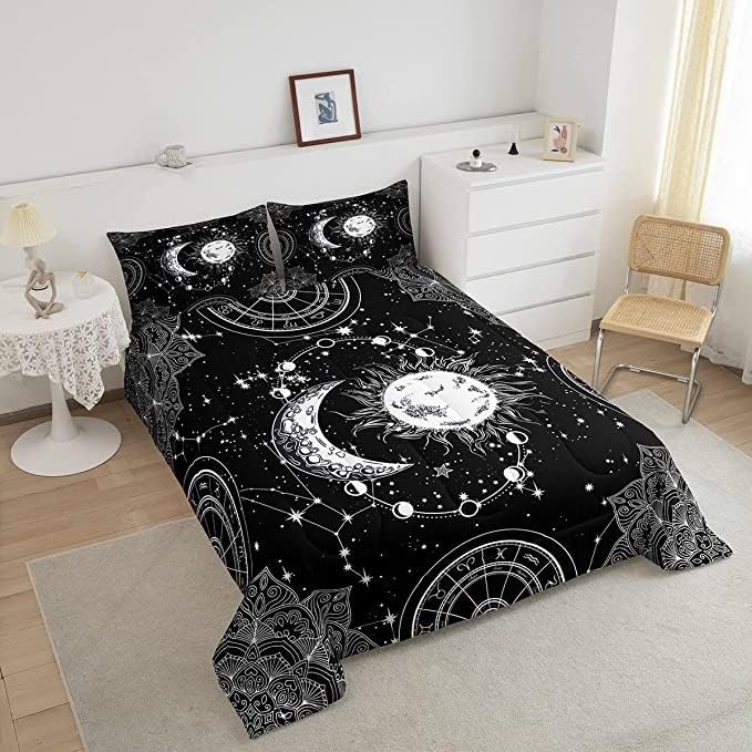 Sun and Moon Bedding Set Constellation Galaxy Comforter Set for Kids Boys Girls Teens Psychedelic Boho Mandala Comforter Breathable Celestial Duvet Set Black White Room Decor Quilt Cover King Size - LeafyLoom
