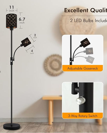 Industrial Floor Lamps for Living Room, Modern Torchiere Standing Lamp with Reading Light for Bedroom, Farmhouse Floor Lamp with Decorative Lampshade, Metal Tall Stand up Lamp, Vintage Pole Lamp Black - LeafyLoom