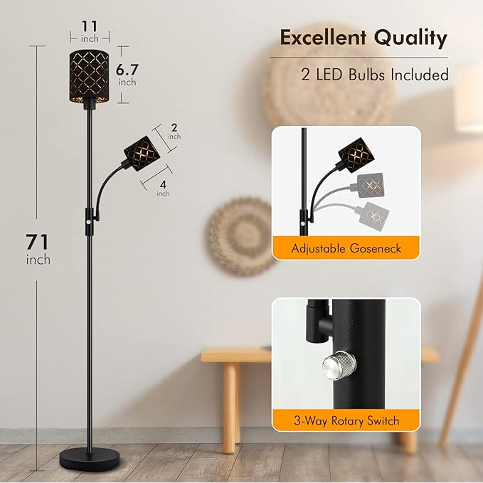 Industrial Floor Lamps for Living Room, Modern Torchiere Standing Lamp with Reading Light for Bedroom, Farmhouse Floor Lamp with Decorative Lampshade, Metal Tall Stand up Lamp, Vintage Pole Lamp Black - LeafyLoom