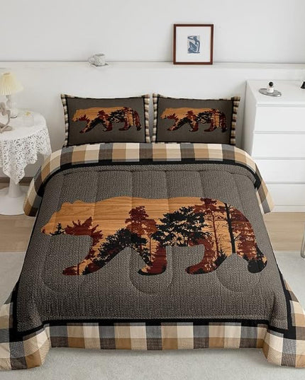 Cute Bear Comforter Set Wild Animal Pattern Bedding Set for Teens Nature Wildlife Bear Bedding Set Western Farmhouse Orange Grey Duvet Set Room Decor Queen Size Duvet Set 3Pcs - LeafyLoom