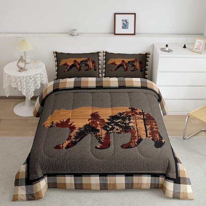 Cute Bear Comforter Set Wild Animal Pattern Bedding Set for Teens Nature Wildlife Bear Bedding Set Western Farmhouse Orange Grey Duvet Set Room Decor Queen Size Duvet Set 3Pcs - LeafyLoom