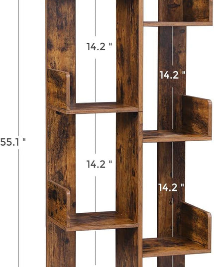 VASAGLE Bookcase, Tree-Shaped Bookshelf with 8 Storage Shelves, Rounded Corners, 19.7 x 9.8 x 55.1 Inches, Rustic Brown ULBC66BXV1 - LeafyLoom