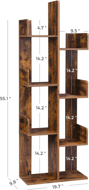 VASAGLE Bookcase, Tree-Shaped Bookshelf with 8 Storage Shelves, Rounded Corners, 19.7 x 9.8 x 55.1 Inches, Rustic Brown ULBC66BXV1 - LeafyLoom