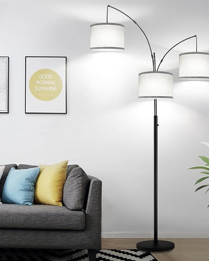 Dimmable Floor Lamp, 3 Lights Arc Floor Lamps for Living Room, Modern Tall Standing Tree Lamp with Gray Linen Shade & Heavy Base, Large Floor Lamp for Bedroom Office, 3x1000 LM LED Bulbs Included - LeafyLoom