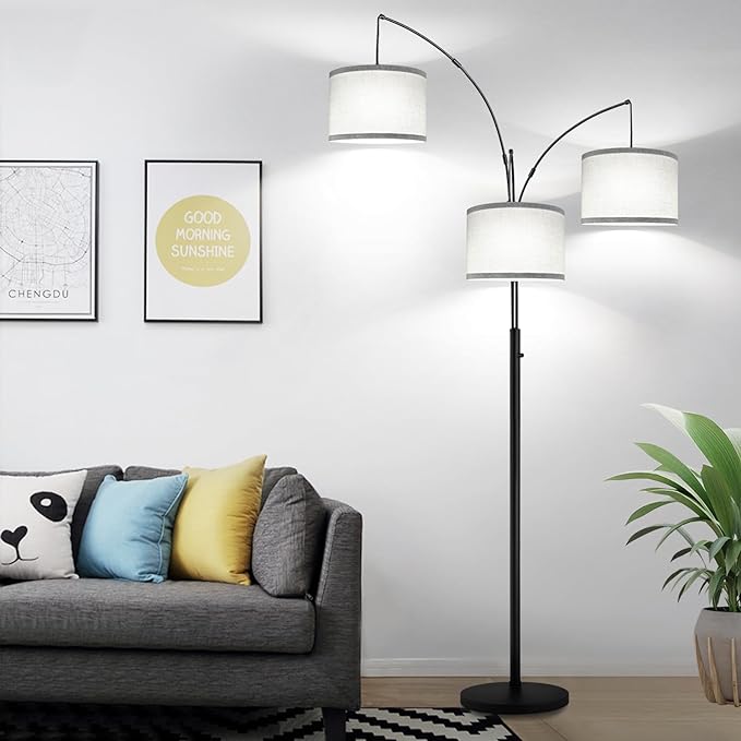 Dimmable Floor Lamp, 3 Lights Arc Floor Lamps for Living Room, Modern Tall Standing Tree Lamp with Gray Linen Shade & Heavy Base, Large Floor Lamp for Bedroom Office, 3x1000 LM LED Bulbs Included - LeafyLoom