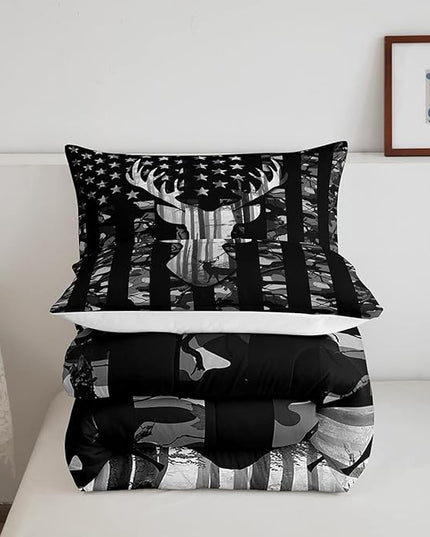 Black Grey Camo Comforter Set Queen,Camouflage American Flag Bedding Set, Deer Antlers Silhouette Quilt Set 3 Pcs for Kids Teens Adults Room Decor,Wild Animal Natural Duvet Insert with 2 Pillowcases - LeafyLoom