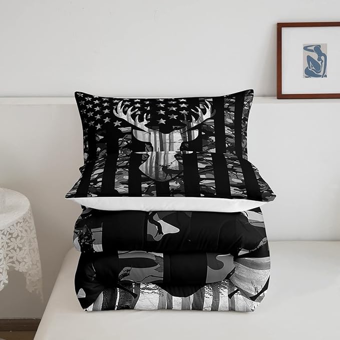 Black Grey Camo Comforter Set Queen,Camouflage American Flag Bedding Set, Deer Antlers Silhouette Quilt Set 3 Pcs for Kids Teens Adults Room Decor,Wild Animal Natural Duvet Insert with 2 Pillowcases - LeafyLoom