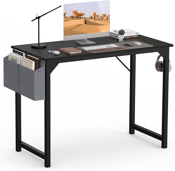 SMUG Computer Desk 40 Inch Home Office Writing Wood Storage Bag & Headphone Hook Small Spaces Simple Bedroom Work Study Kids Table, Black - LeafyLoom