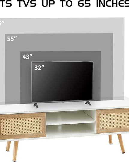 Brafab Boho TV Storage Media Console Table with Double Sliding Doors and Adjustable Shelf for Living Room, 55.12" L x 15.75" W x 18.31" H, White - LeafyLoom
