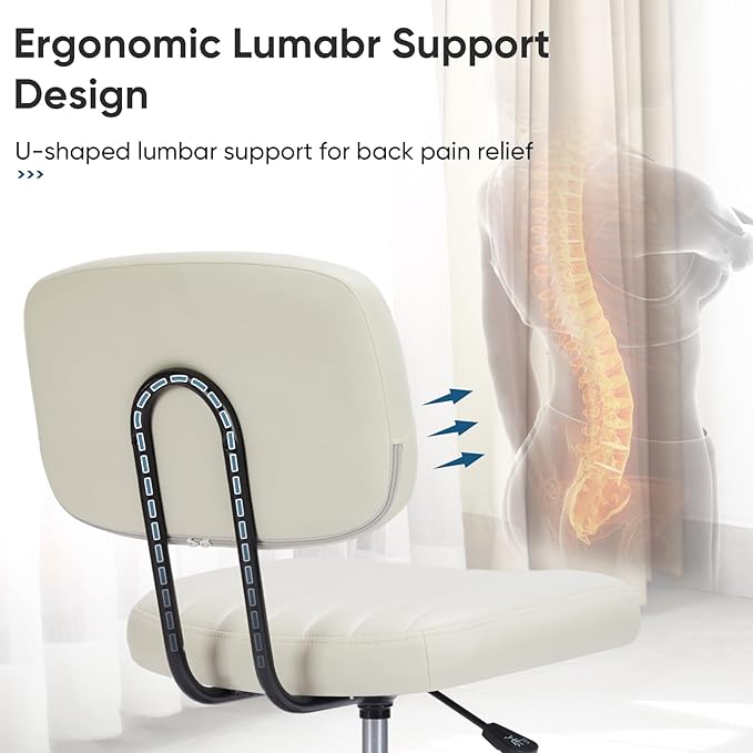 DUMOS Armless Home Office Chair Ergonomic Desk with Comfy Low Back Lumbar Support, Height Adjustable PU Leather Computer Task with 360° Swivel Wheels, for Small Space, Kids and Adults, Beige White - LeafyLoom