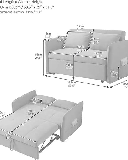 3-in-1 Multi-Functional Convertible Sofa, Chenille Sleeper Couch Pull-Out Bed, Loveseat Chaise Lounge with Adjustable Armrest and Reclining Backrest for Living Room, Small Space, Pink 53.5" - LeafyLoom
