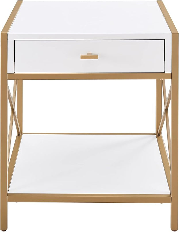 Leick Home 9206-WTGL Claudette One Drawer Mixed Metal and Wood Side Table with Shelf, White/gold - LeafyLoom