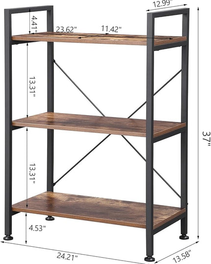 BEWISHOME 3 Tier Bookshelf, Rustic Small Book Shelf for Small Spaces, Brown Wooden Shelves for Bedroom Living Room and Home Office, 13.58" D x 24.21" W x 37" H, JCJ32Z - LeafyLoom
