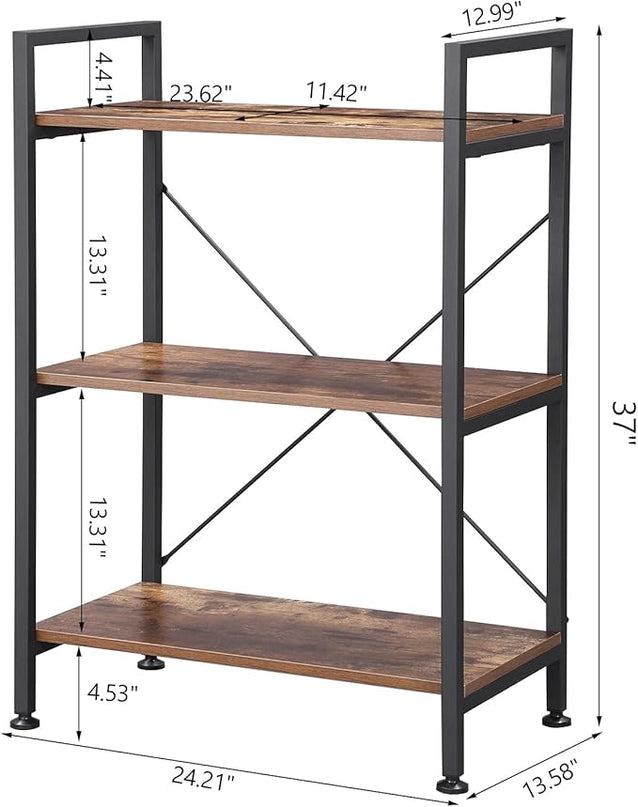 BEWISHOME 3 Tier Bookshelf, Rustic Small Book Shelf for Small Spaces, Brown Wooden Shelves for Bedroom Living Room and Home Office, 13.58" D x 24.21" W x 37" H, JCJ32Z - LeafyLoom