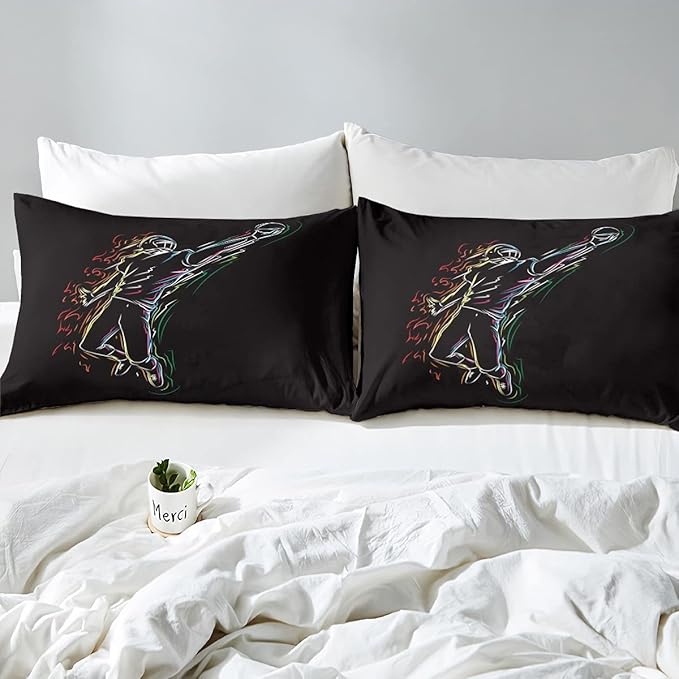 Erosebridal Boys Football Bedding Set King Size American Rugby Comforter Set for Kids Teen Men Bedroom Dorm Decor Sketch Football Athlete Comforter Ball Sports Quilt Duvet Insert 2 Pillow Cases Black - LeafyLoom