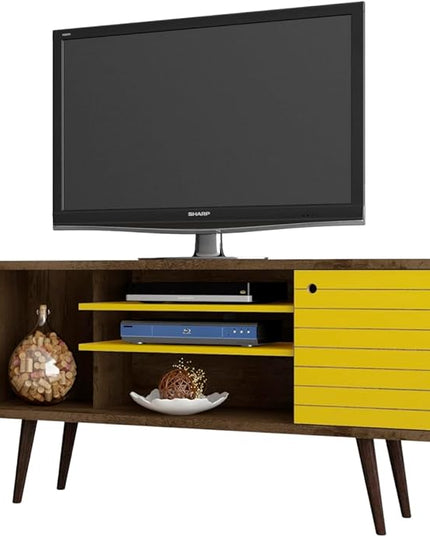 Manhattan Comfort Liberty Mid Century Modern TV Stand for Televisions up to 50 Inches, Bedroom and Living Room Entertainment Center with Storage, Shelves, and Cabinet, 53" Wide, Rustic Brown/Yellow - LeafyLoom