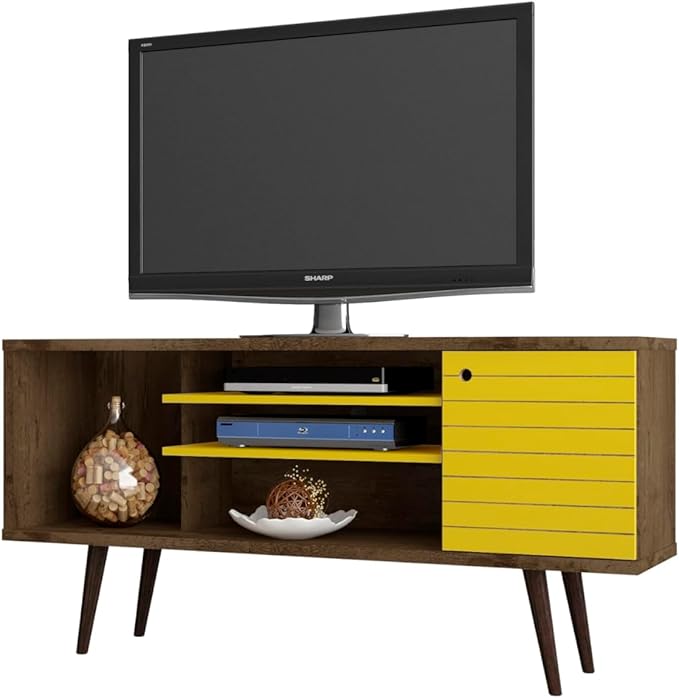 Manhattan Comfort Liberty Mid Century Modern TV Stand for Televisions up to 50 Inches, Bedroom and Living Room Entertainment Center with Storage, Shelves, and Cabinet, 53" Wide, Rustic Brown/Yellow - LeafyLoom