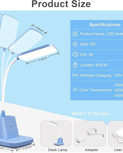 Sailstar Small Desk Lamp, Kids Desk Lamp with Pen Holder, Wireless Charger LED Desk Lamps for Home Office, 800LM Gooseneck 3 Modes Dimmable Touch Cute Desk Lamp, Blue Study Lamp for College Dorm Room - LeafyLoom