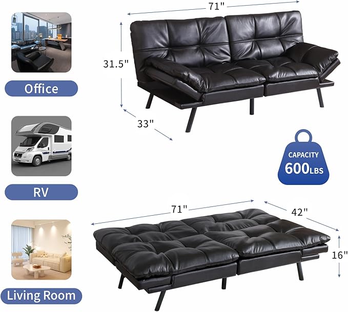 MUUEGM Futon Sofa Bed,Convertible Adjustable Backrest Armrests Memory Foam Couch Bed, Modern Faux Leather Futon Sleeper Couch Loveseat for Living Room,office,Apartment,Small Space,Black - LeafyLoom