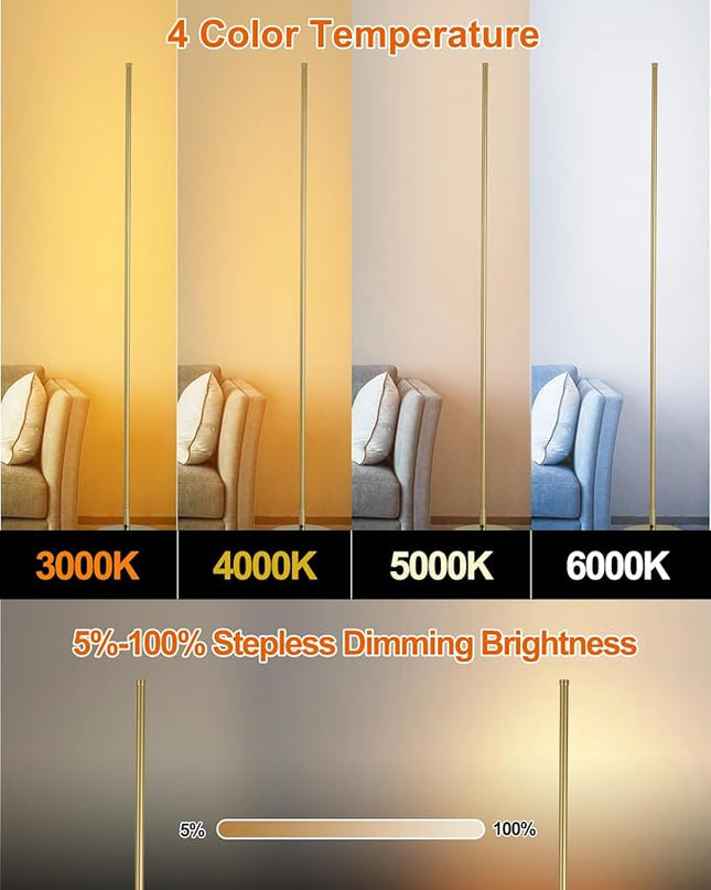 Modern Floor Lamp Led Standing Corner Lamp Gold Decor Contemporary Metal Floor Lamp for Living Room Bedrooms with Remote & Touch Control - LeafyLoom
