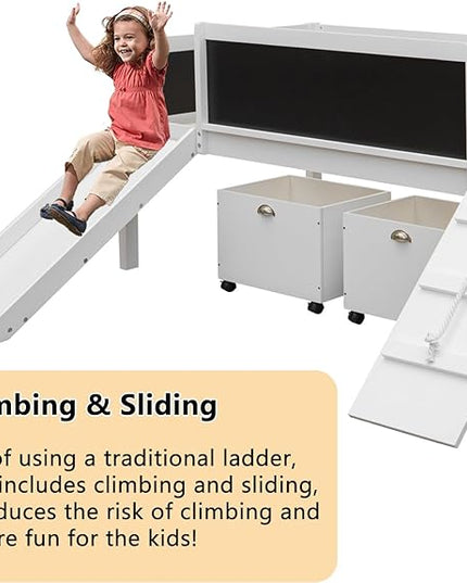 Twin Size Low Loft Bed with Slide and 2 Storage Boxes,Kids Low Loft Bed Frame with Climbing and Chalkboard,Solid Loft Bed Twin for Boys,Girls,White - LeafyLoom