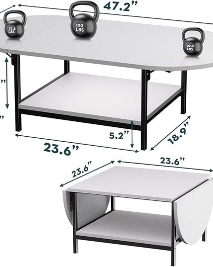 SAYGOER White Coffee Table Modern Extended Coffee Tables with Storage for Living Room 2-Tier Unique Center Table with Two Foldable Panel for Any Large or Small Space, White - LeafyLoom