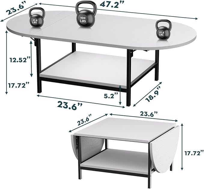 SAYGOER White Coffee Table Modern Extended Coffee Tables with Storage for Living Room 2-Tier Unique Center Table with Two Foldable Panel for Any Large or Small Space, White - LeafyLoom