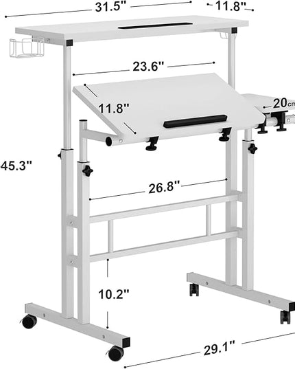 SDHYL 31.5 inches Movable Laptop Desk with Mouse Board Adjustable Height and Angle Anti-Slip Workstation Home Office Desk with Tablet Slot Portable Student Desk, White with Hook - LeafyLoom