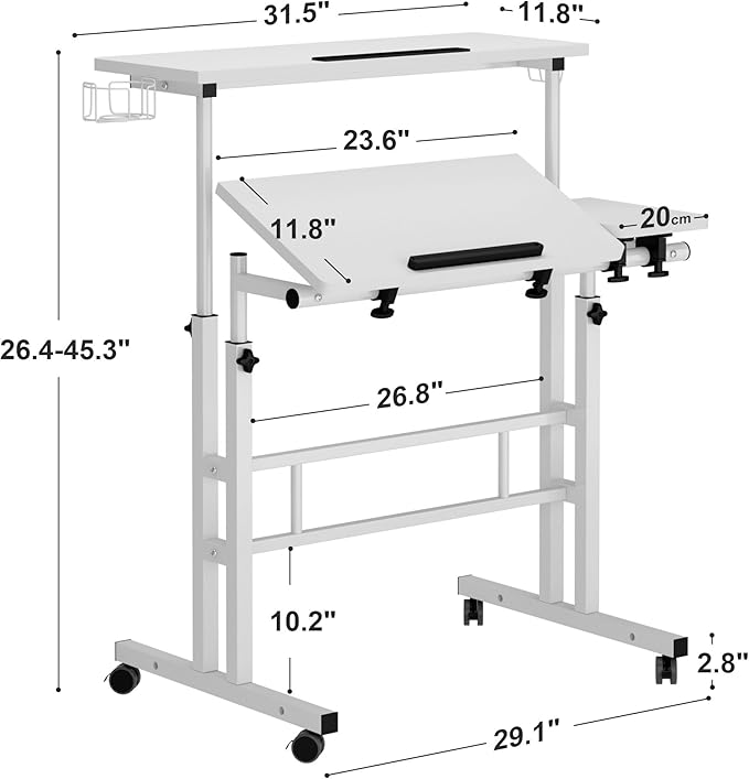 SDHYL 31.5 inches Movable Laptop Desk with Mouse Board Adjustable Height and Angle Anti-Slip Workstation Home Office Desk with Tablet Slot Portable Student Desk, White with Hook - LeafyLoom