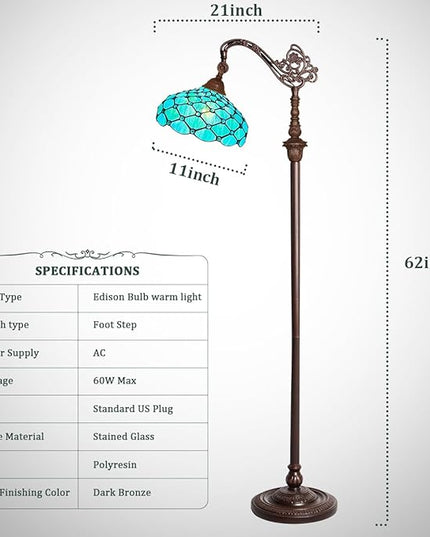 Capulina Tiffany Floor Lamp 62 Inches Tall Seagrass Blue Beads Style Stained Glass Soft Light Arched Gooseneck Adjustable Angle Reading Lamp for Living Room Bedroom Home Office - LeafyLoom